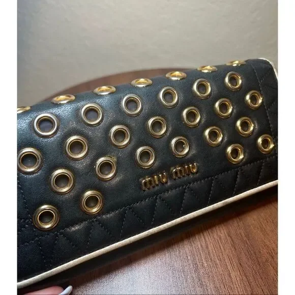 Miu Miu Leather Long Wallet Deep Navy Gold Grommet Studded Edgy Biker Alt Grunge - Picture 6 of 8